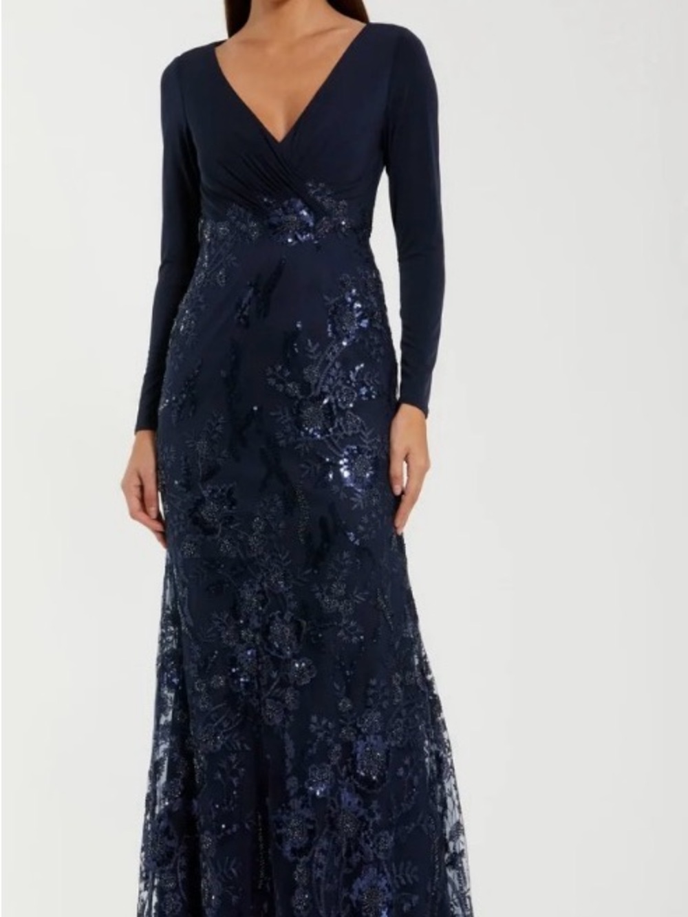 Mac Duggal Navy Long Sleeve Sequin Lace Gown